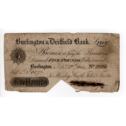 310 - Burlington & Driffield Bank 5 Pounds dated 1844, serial 2184 for Harding, Smith, Faber & Forster (Ou... 