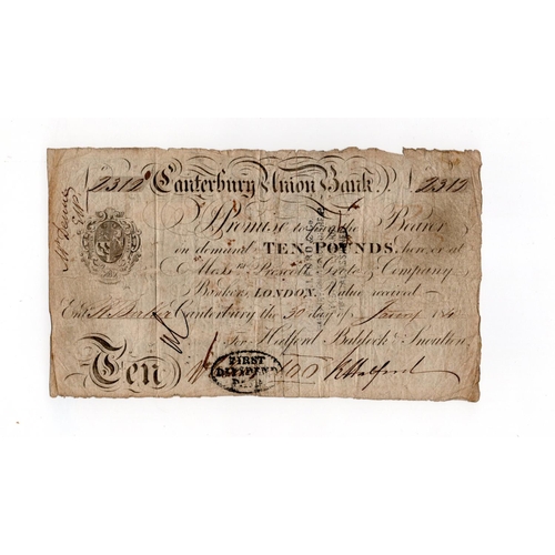 311 - Canterbury Union Bank 10 pounds dated 30th January 1842, serial No. 2312 for Halford, Baldock & Snou... 