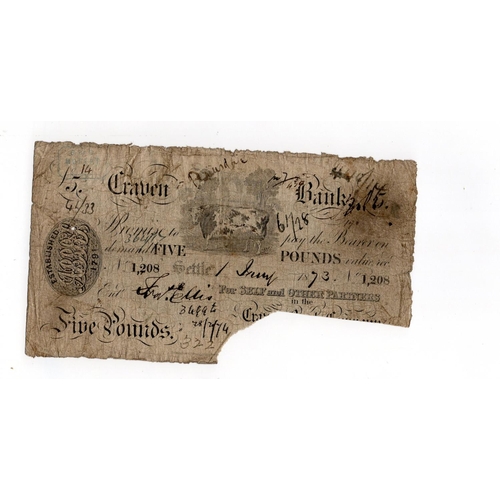 313 - Craven Bank Settle 5 Pounds dated 1873, serial No. 1208 for Self & other partners (Outing1910a) cow ... 