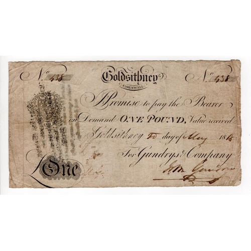 319 - Goldsithney, Cornwall One Pound dated 1817, serial No.538 for Gundrys & Company (Outing 833a) bankru... 