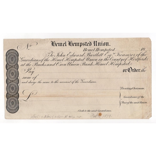 321 - Hemel Hempsted Union PROOF cheque, handwritten pencil annotations and date 1879 at bottom of cheque,... 