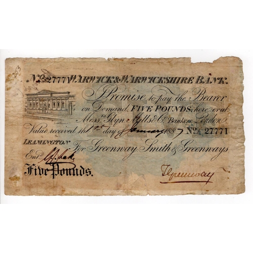 323 - Leamington, Warwick & Warwickshire Bank 5 Pounds dated January 1887, No. 27771 for Greenway, Smith &... 