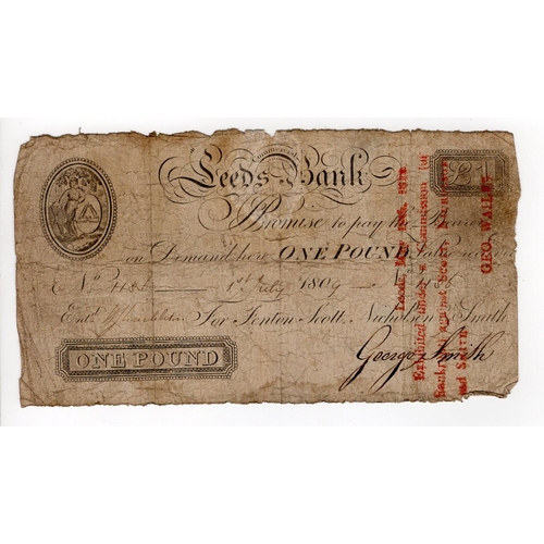 324 - Leeds Commercial Bank 1 Pound dated 1st July 1809, serial No. 1186 for Fenton, Scott, Nicholson & Sm... 