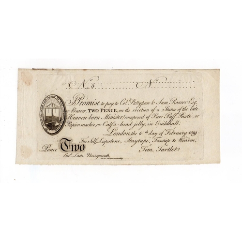 327 - London Skit Note 2 Pence dated 1819 'Tim Tartlett - promise to pay Col. Pattypan & Sam. Roarer', for... 