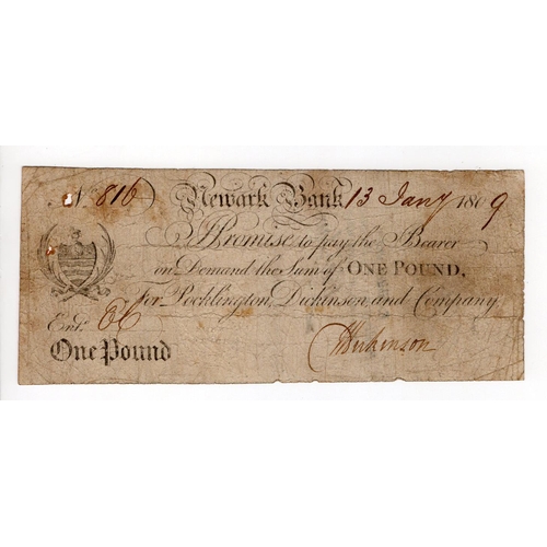 328 - Newark Bank 1 Pound dated 1809, serial No. 816 for Pocklington, Dickinson and Company (Outing1488i) ... 