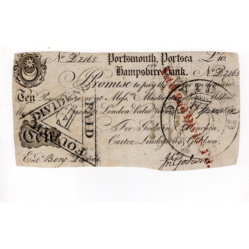 329 - Portsmouth, Portsea & Hampshire Bank 10 Pounds dated 1812, serial No. B2165 for Godwin, Minchin, Car... 