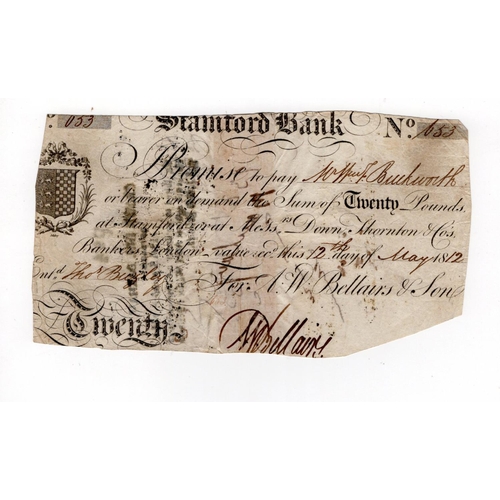 336 - Stamford Bank 20 Pounds dated 1812, serial No. 053 for A.W. Bellair & Son (Outing2030d) pinholes, cu... 