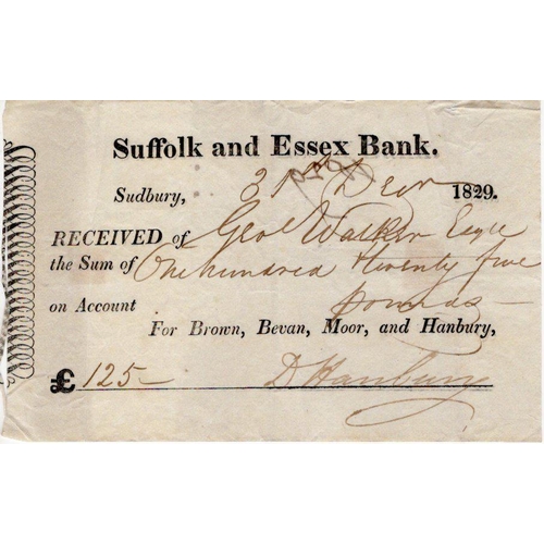 339 - Suffolk & Essex Bank, Sudbury receipt dated 1829, for Brown, Bevan, Moor and Hanbury (Outing 2096 fo... 