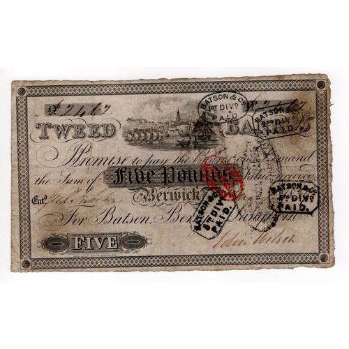 340 - Tweed Bank, Berwick on Tweed 5 Pounds dated 1839, serial No. 2462 for Batson, Berry & Langhorn (Outi... 