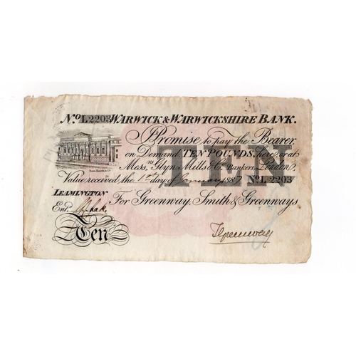 343 - Warwick & Warwickshire Bank 10 Pounds dated 1887, serial No. L2203 for Greenway, Smith & Greenways (... 