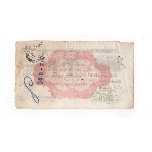 343 - Warwick & Warwickshire Bank 10 Pounds dated 1887, serial No. L2203 for Greenway, Smith & Greenways (... 