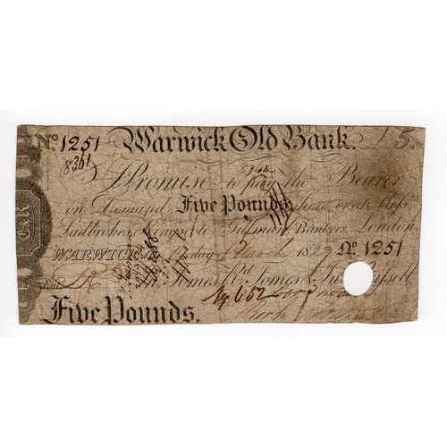 345 - Warwick Old Bank 5 Pounds dated 1829, serial No. 1251 for John Tomes, Richd. Tomes & John Russell (O... 