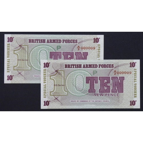 364 - British Armed Forces 10 Pence (2), a MATCHING pair of 6th Series notes with VERY LOW serial No's, A/... 