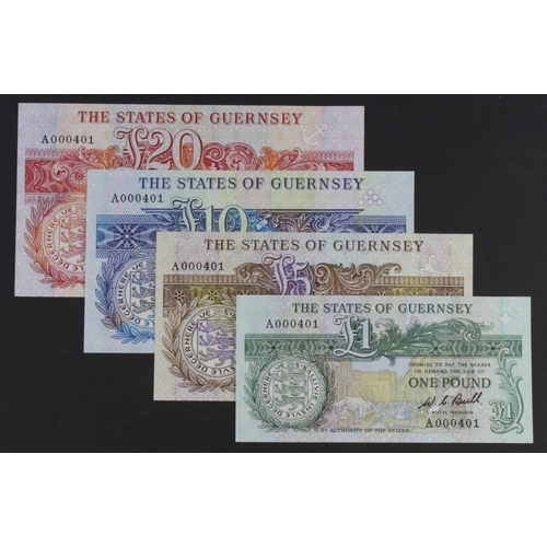 368 - Guernsey (4), 20 Pounds, 10 Pounds, 5 Pounds and 1 Pound issued 1980 - 1989, signed W.C. Bull, a ver... 