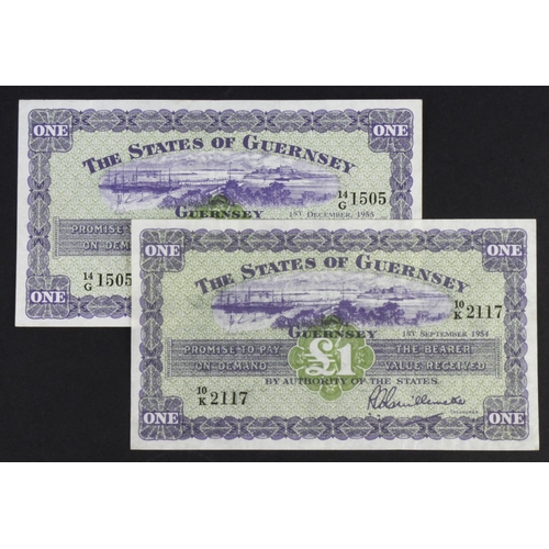 369 - Guernsey 1 Pound (2) dated 1st September 1954 and 1st December 1955, rarer early dates, signed Guill... 