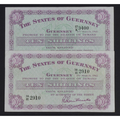 373 - Guernsey 10 Shillings (2) dated 1st March 1962 and 1st March 1965, rarer early dates, signed Guillem... 