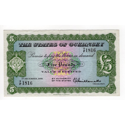 376 - Guernsey 5 Pounds dated 1st December 1956, signed Guillemette, serial 1/P 1816 (TBB B149a, Pick44a) ... 