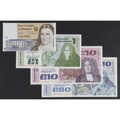 384 - Ireland Republic (4), 20 Pounds dated 1981, 10 Pounds dated 1980, 5 Pounds dated 1994, 1 Pound dated... 