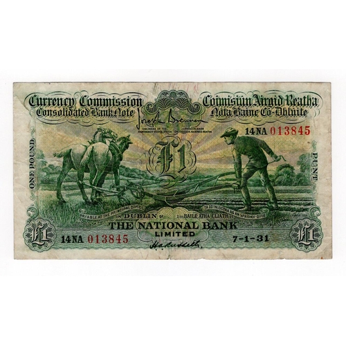 386 - Ireland Republic 1 Pound dated 7th January 1931, The National Bank Limited 'Ploughman' issue, signed... 