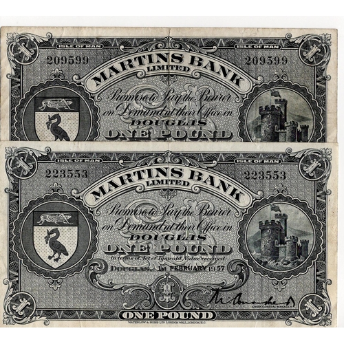 408 - Isle of Man, Martins Bank Limited 1 Pound (2) dated 1st February 1957, signed  M. Conacher, serial N... 