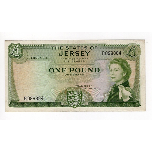 411 - Jersey 1 Pound issued 1963, scarce ERROR - NO signature, serial B0999884 (TBB B108b, Pick8c) Fine+ a... 