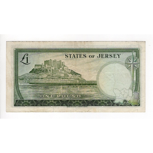 411 - Jersey 1 Pound issued 1963, scarce ERROR - NO signature, serial B0999884 (TBB B108b, Pick8c) Fine+ a... 