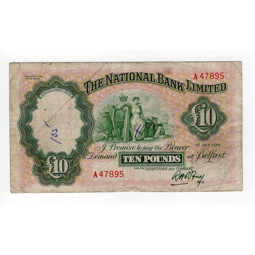 423 - Northern Ireland, National Bank Limited 10 Pounds dated 1st July 1959, LAST DATE of issue, serial A4... 