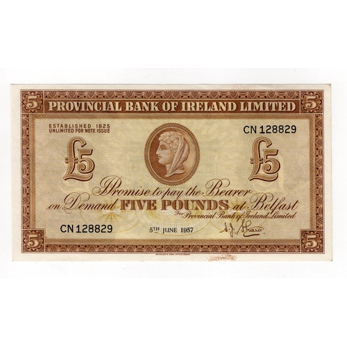 430 - Northern Ireland, Provincial Bank 5 Pounds dated 5th June 1957, signed N.J. Shaw, serial CN 128829 (... 