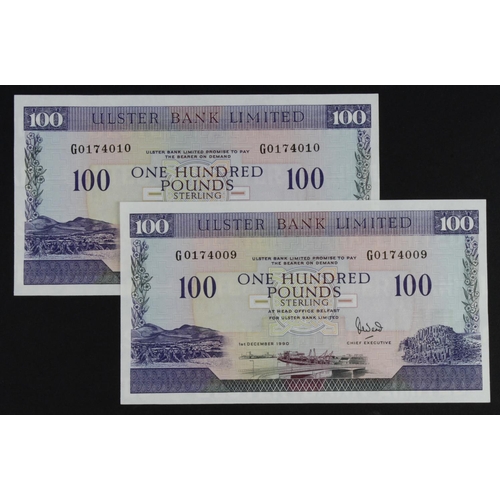 431 - Northern Ireland, Ulster Bank Limited 100 Pounds (2) dated 1st December 1990, signed David Went, a c... 