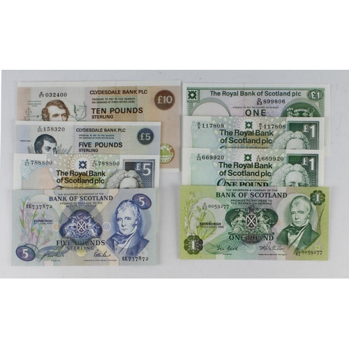 441 - Scotland (8), Bank of Scotland 5 Pounds dated 1990, 1 Pound dated 1985, Clydesdale Bank 10 Pounds da... 