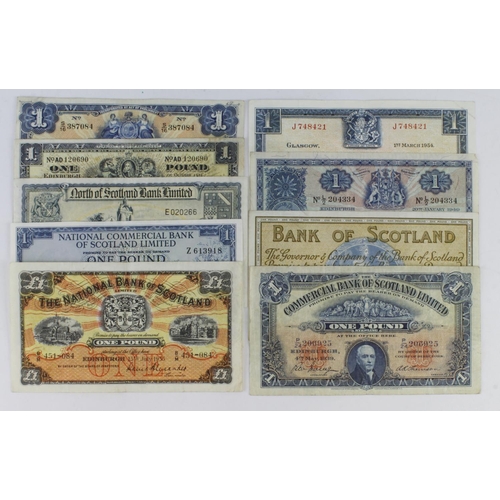 443 - Scotland 1 Pound (9), a group of 1 Pounds from 9 different banks 1960 and earlier, Bank of Scotland ... 