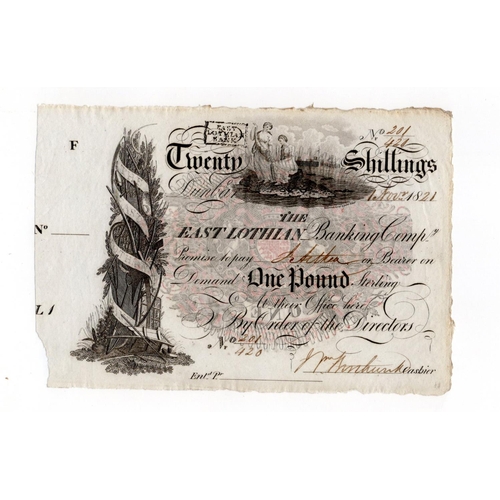 444 - Scotland Lost Banks/Private Issues, East Lothian Banking Comp. 1 Pound or 20 shillings dated 1st Nov... 