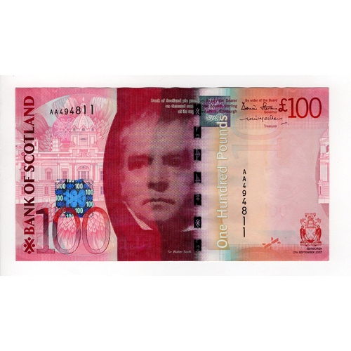 447 - Scotland, Bank of Scotland 100 Pounds dated 17th September 2007, Kessock Bridge, serial AA494811 (PM... 