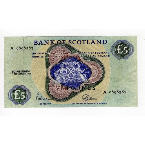 449 - Scotland, Bank of Scotland 5 Pounds dated 1st November 1968, signed Polwarth & Letham, serial A08985... 