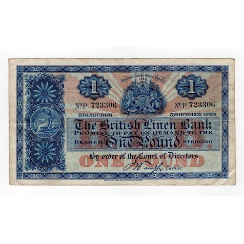 450 - Scotland, British Linen Bank 1 Pound dated 31st October 1928, early date for the reduced size issue,... 