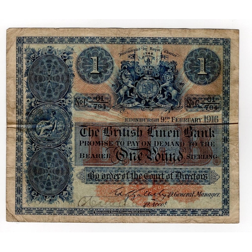 451 - Scotland, British Linen Bank 1 Pound dated 9th February 1916, very early date of issue 'square' note... 