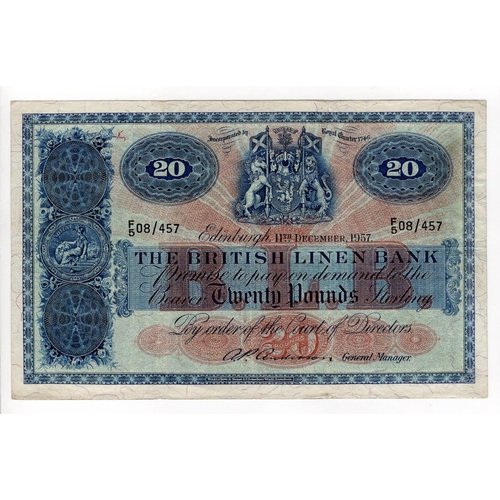 452 - Scotland, British Linen Bank 20 Pounds dated 11th December 1957, signed A.P. Anderson, serial F/5 08... 