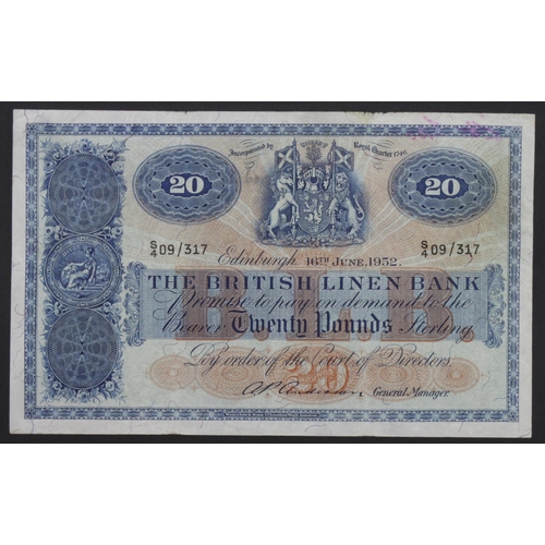 453 - Scotland, British Linen Bank 20 Pounds dated 16th June 1952, signed A.P. Anderson, serial S/4 09/317... 