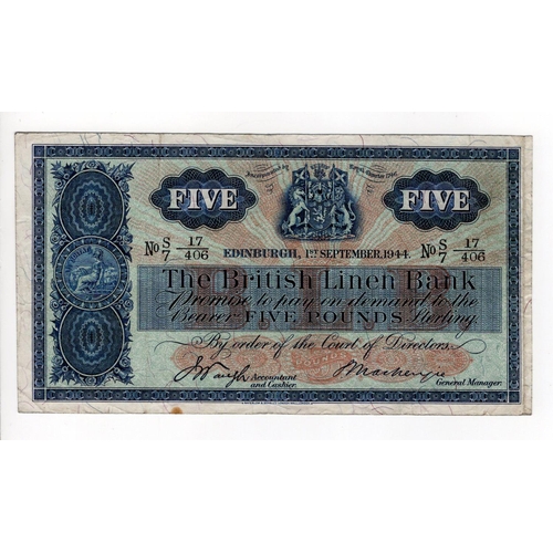 454 - Scotland, British Linen Bank 5 Pounds dated 1st September 1944, rarer early date signed George Macke... 