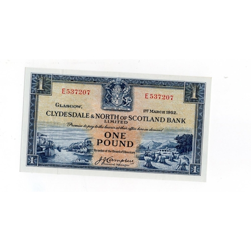 455 - Scotland, Clydesdale & North of Scotland Bank 1 Pound dated 1st March 1952, signed J.J. Campbell, se... 