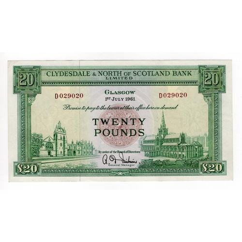 456 - Scotland, Clydesdale & North of Scotland Bank 20 Pounds dated 1st July 1961, signed R.D. Fairbairn, ... 