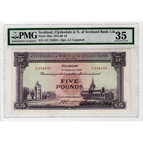 457 - Scotland, Clydesdale & North of Scotland Bank 5 Pounds dated 1st February 1958, signed J.J. Campbell... 