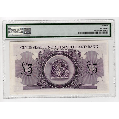 457 - Scotland, Clydesdale & North of Scotland Bank 5 Pounds dated 1st February 1958, signed J.J. Campbell... 