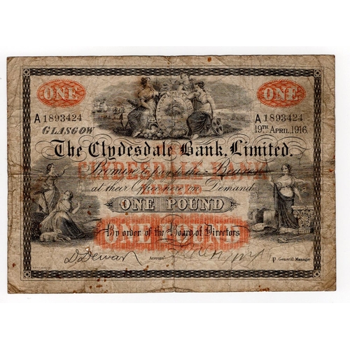 459 - Scotland, Clydesdale Bank 1 Pound dated 19th April 1916, very early date, printed signature Duncan D... 