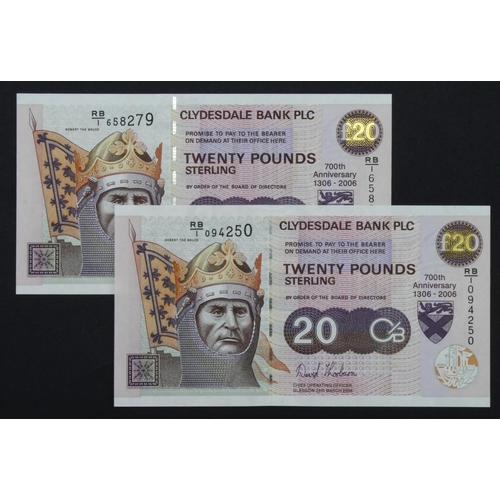 460 - Scotland, Clydesdale Bank 20 Pounds dated 25th March 2006 (2), commemorative note 700th Anniversary ... 