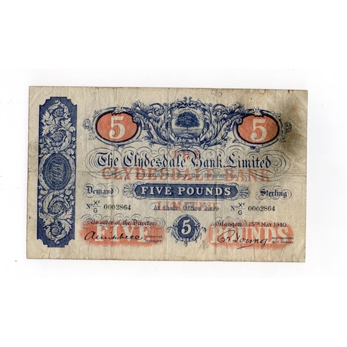 461 - Scotland, Clydesdale Bank 5 Pounds dated 15th May 1940, signed Mitchell & Young, serial X2/G 0002864... 