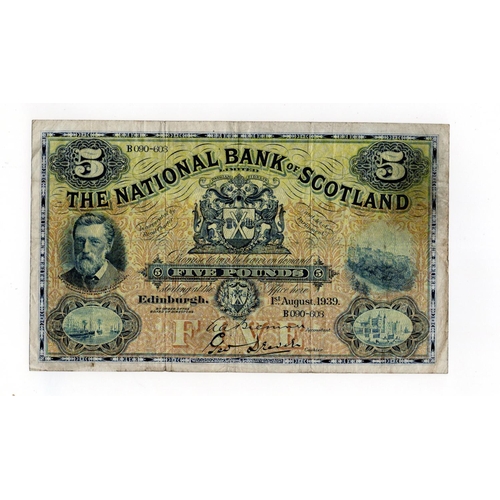 465 - Scotland, National Bank of Scotland 5 Pounds dated 1st August 1939, signed A.A. Bremner & G. Drever,... 