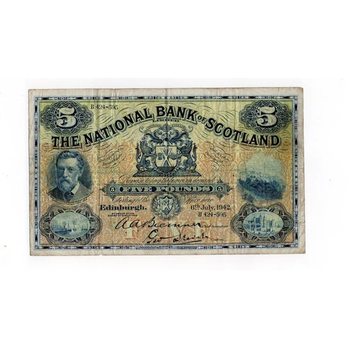 467 - Scotland, National Bank of Scotland 5 Pounds dated 6th July 1942, signed A.A. Bremner & G. Drever, s... 