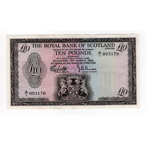 472 - Scotland, Royal Bank of Scotland 10 Pounds dated 19th March 1969, signed Robertson & Burke, serial A... 