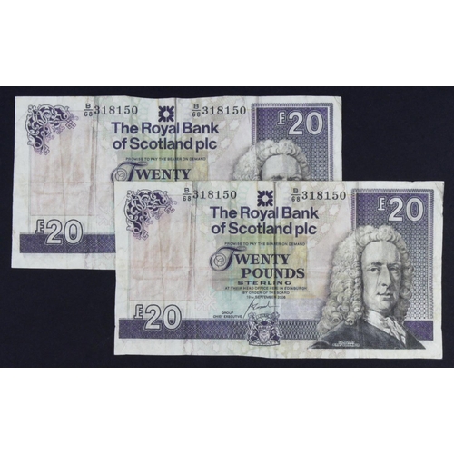 473 - Scotland, Royal Bank of Scotland 20 Pounds (2) dated 2006, 2 x FORGERIES with the same serial number